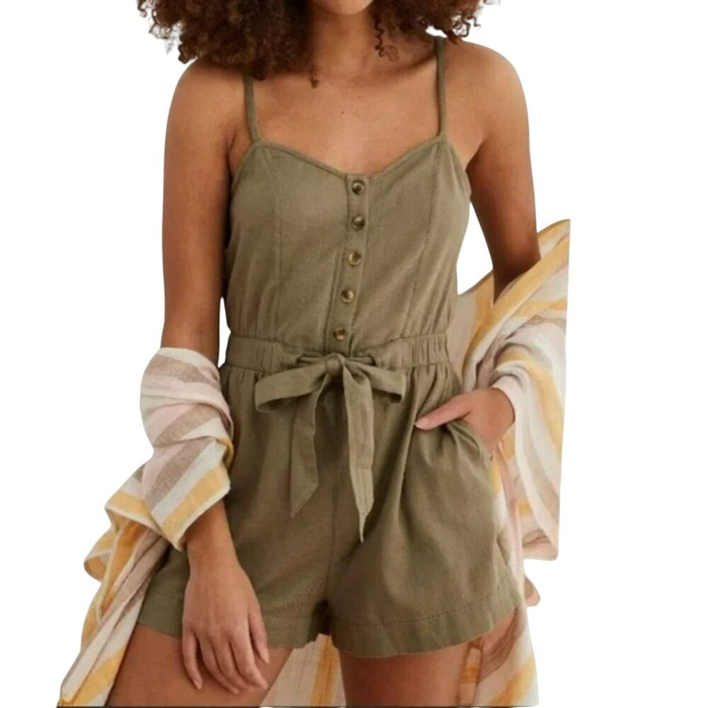 Aerie Olive Cotton Smocked Romper XS Pockets Cami